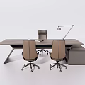 Modern Office Desk With Wooden Top Ergonomic Chairs Table Lamp And Office Supplies