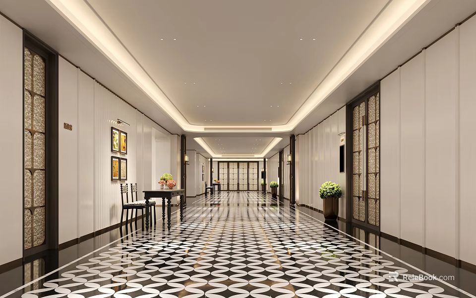 Modern Luxury Hotel Corridor Interior With Warm Recessed Lighting And Exquisite Patterned Glossy Flooring 3d model 