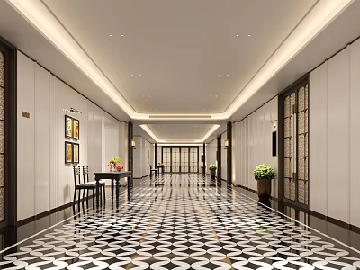 Modern Luxury Hotel Corridor Interior With Warm Recessed Lighting And Exquisite Patterned Glossy Flooring 3d model