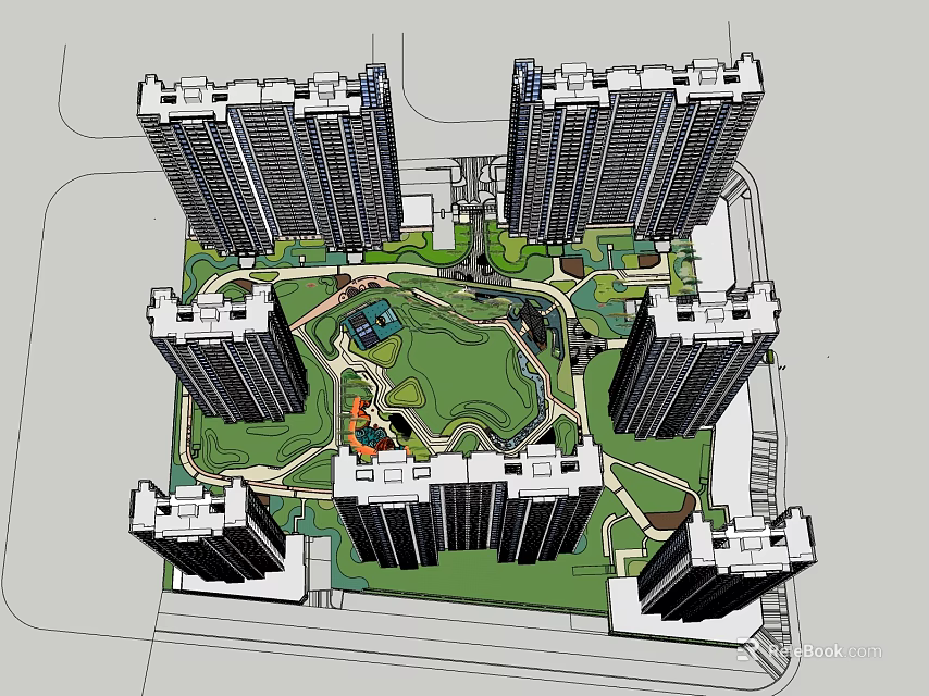 Residential Complex Featuring High Rise Buildings Central Green Garden And Landscaped Pathways Design 3d model 