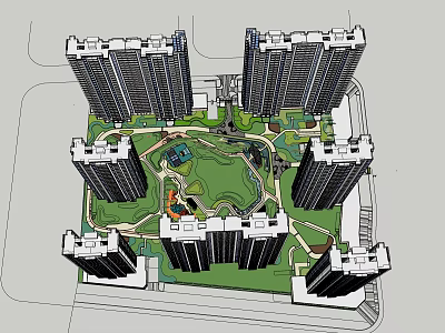Residential Complex Featuring High Rise Buildings Central Green Garden And Landscaped Pathways Design 3d model