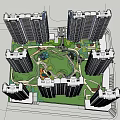 Residential Complex Featuring High Rise Buildings Central Green Garden And Landscaped Pathways Design