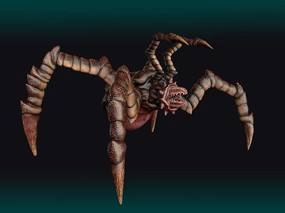 3D Rendered Fantasy Monster Creature With Open Mouth Multiple Limbs Sharp Claws And Curved Horns 3d model