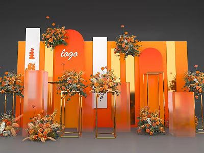 Elegant Floral Installation With Orange Flowers Golden Stands Arch And Columns 3d model