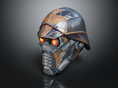 Mechanical Armored Helmet Featuring Metallic Texture Detailed Design And Red Glowing Eyes 3d model
