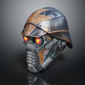 Mechanical Armored Helmet Featuring Metallic Texture Detailed Design And Red Glowing Eyes