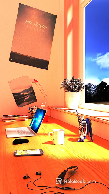 Cozy Window Desk Setup With Laptop Lamp Plant Books Robot Model And Wall Art 3d model 
