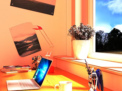 Cozy Window Desk Setup With Laptop Lamp Plant Books Robot Model And Wall Art 3d model