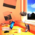Cozy Window Desk Setup With Laptop Lamp Plant Books Robot Model And Wall Art