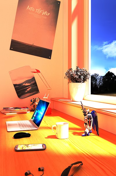 Cozy Window Desk Setup With Laptop Lamp Plant Books Robot Model And Wall Art 3d model