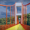 Red Suspension Bridge With White Towers Over Blue River By Green Forest
