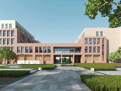 Modern Red Brick Office Building Exterior With Entrance Greenery Pathway And Windows 3d model