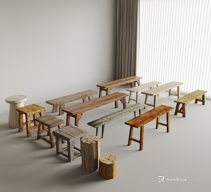 Various Wooden Stools and Benches with Different Styles Colors in Minimalist Indoor Space 3d model 