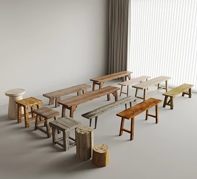 Various Wooden Stools and Benches with Different Styles Colors in Minimalist Indoor Space 3d model
