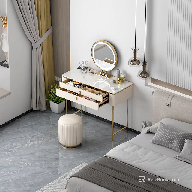 Elegant Vanity Table With Round Mirror Organized Drawers And Stool In Bedroom 3d model 