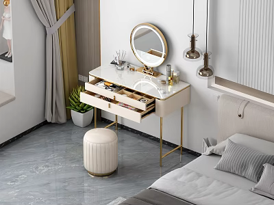 Elegant Vanity Table With Round Mirror Organized Drawers And Stool In Bedroom 3d model