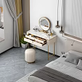 Elegant Vanity Table With Round Mirror Organized Drawers And Stool In Bedroom
