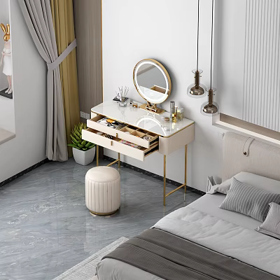 Elegant Vanity Table With Round Mirror Organized Drawers And Stool In Bedroom 3d model