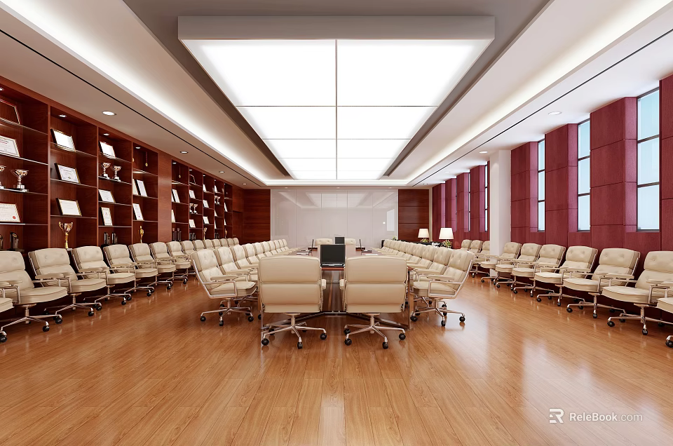Modern Conference Room With Long Table Rotating Chairs Wooden Bookshelves White Ceiling And Red Walls 3d model 