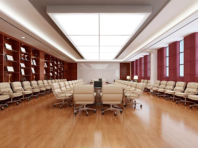Modern Conference Room With Long Table Rotating Chairs Wooden Bookshelves White Ceiling And Red Walls 3d model