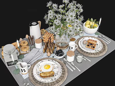 Elegant Tableware Set With Ceramic Plates Coffee Mugs Cutlery Waffles And Flower Vase 3d model