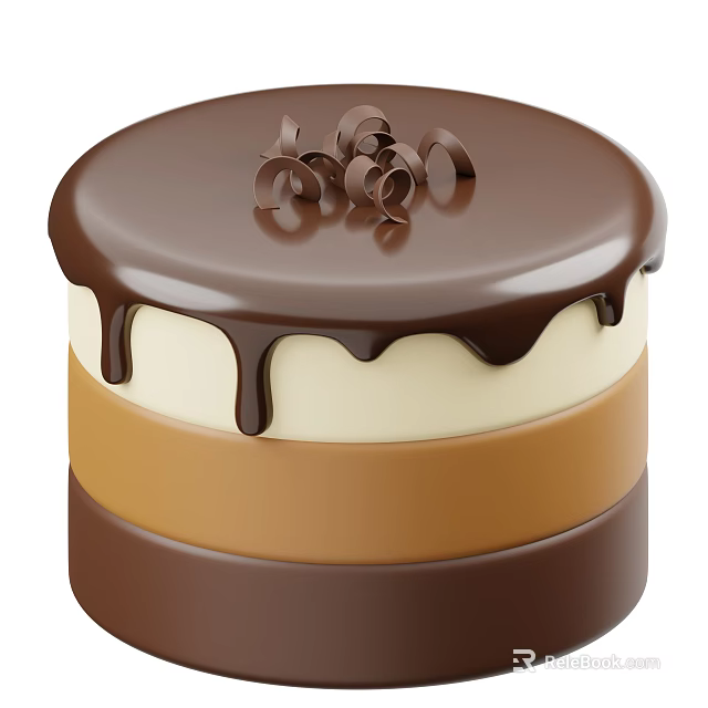 Delicious Chocolate Cake With Dripping Glaze And Chocolate Curls Decorative Layers 3d model 