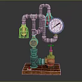 Industrial Decorative Furniture Piece With Metal Pipes Pressure Gauge Glass Lamps And Wooden Base