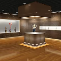 Cultural Center Showcasing Traditional Statues in Glass Cases with Decorative Walls and Wooden Floors