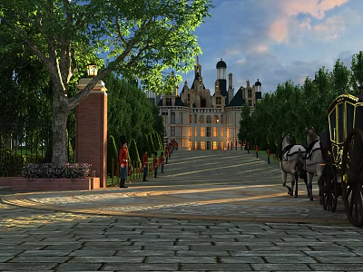 Ancient Castle Architecture With Horse Drawn Carriage Stone Pavement And Evening Light 3d model