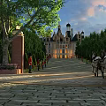 Ancient Castle Architecture With Horse Drawn Carriage Stone Pavement And Evening Light