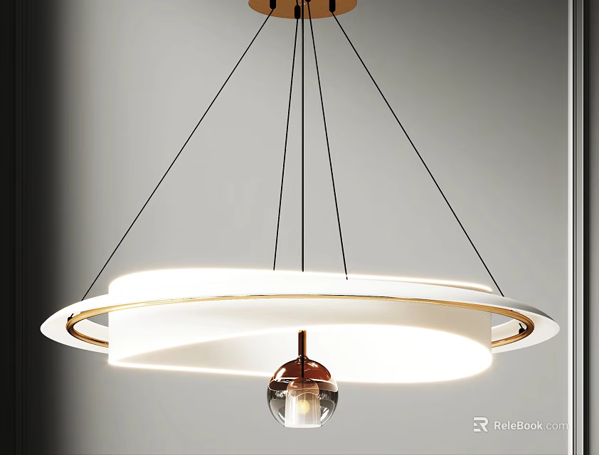 Modern Circular Hanging Chandelier Design with White Shade and Gold Accents 3d model 