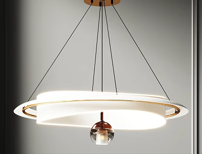 Modern Circular Hanging Chandelier Design with White Shade and Gold Accents 3d model