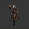 Fantasy Game Character Wearing Brown Purple Coat Holding Yellow Flower Shaped Creature