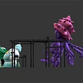 Colorful Small Figures And Purple Octopus Like Creatures With Pink Tops And Metal Structures