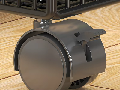 Sturdy Black Caster Wheel With Brake And Metal Frame On Wooden Floor 3d model