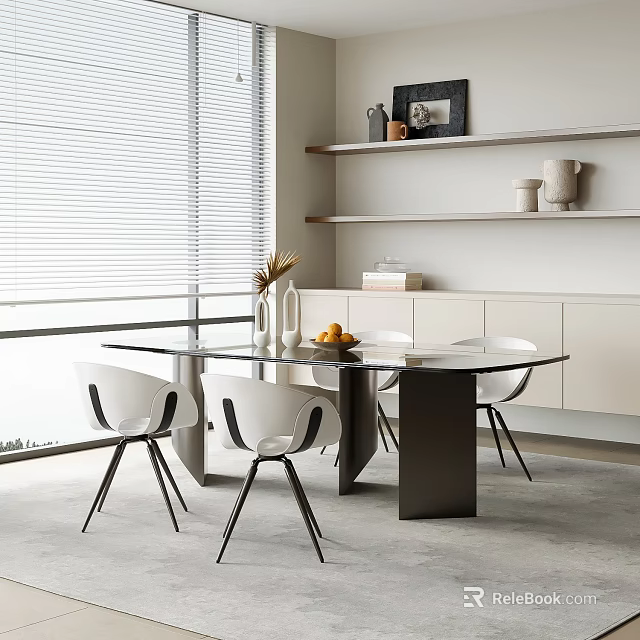 Modern Dining Table Set With Glass Top White Chairs Metal Legs And White Cabinets 3d model 