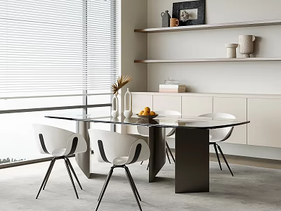 Modern Dining Table Set With Glass Top White Chairs Metal Legs And White Cabinets 3d model