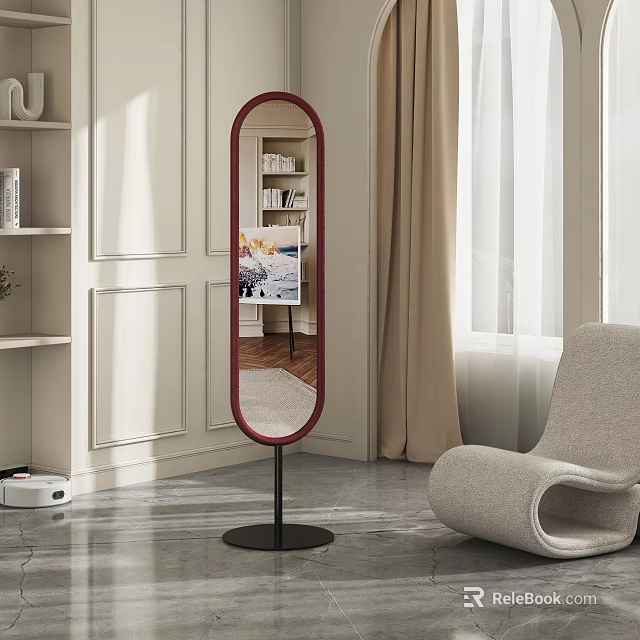 Red Framed Full Length Mirror In Modern Living Room With Furniture 3d model 