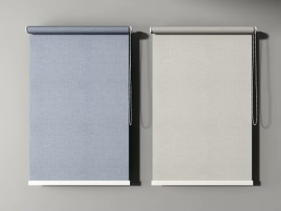 Blue and Light Gray Fabric Roller Blinds Displayed on Gray Wall Background 3d model