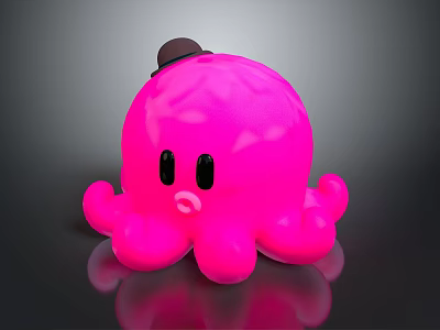 Cute Pink Octopus Cartoon Toy With Black Hat And Shiny Surface 3d model