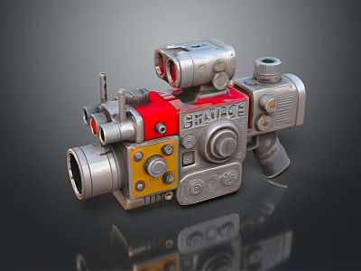 Mechanical Computer Peripheral With Shuriken Label Red Yellow Silver Lens Knobs And Pipes 3d model