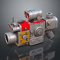 Mechanical Computer Peripheral With Shuriken Label Red Yellow Silver Lens Knobs And Pipes