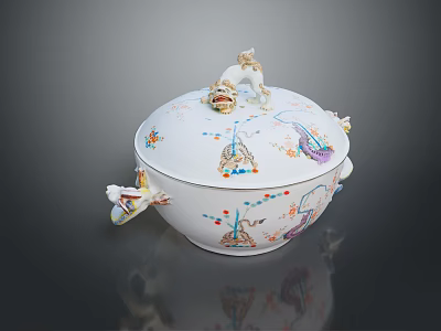 Intricately Sculpted Porcelain Lidded Bowl With Animal Figure And Decorative Patterns 3d model