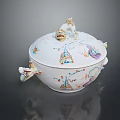 Intricately Sculpted Porcelain Lidded Bowl With Animal Figure And Decorative Patterns
