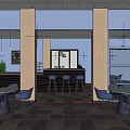 Modern Tea Room Interior With Blue Walls Wooden Pillars Round White Tables And Blue Chairs