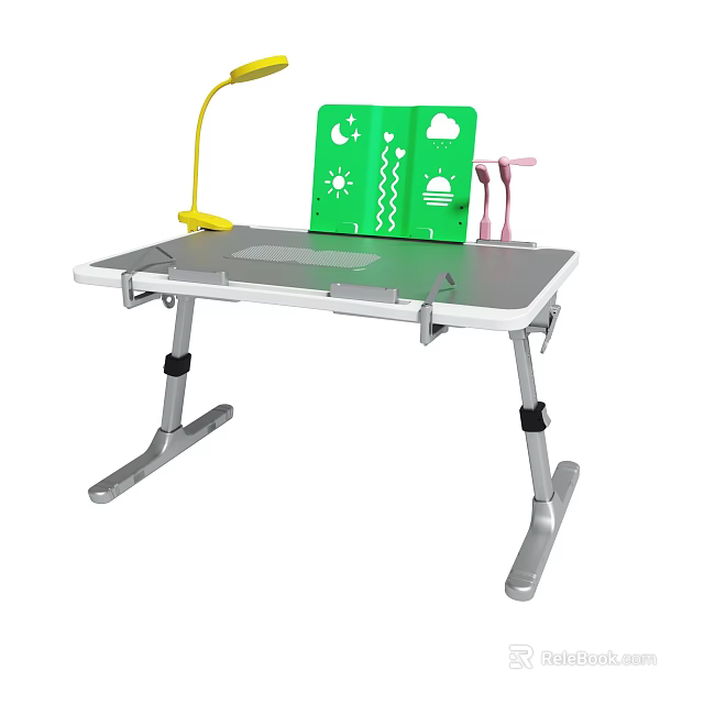 Adjustable Kids Study Desk With Green Panel Yellow Lamp And Pink Stationery 3d model 