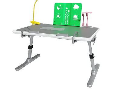 Adjustable Kids Study Desk With Green Panel Yellow Lamp And Pink Stationery 3d model