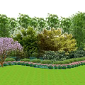Lush Green Trees in Garden Landscape With Yellow Shrubs and Pink Flowers