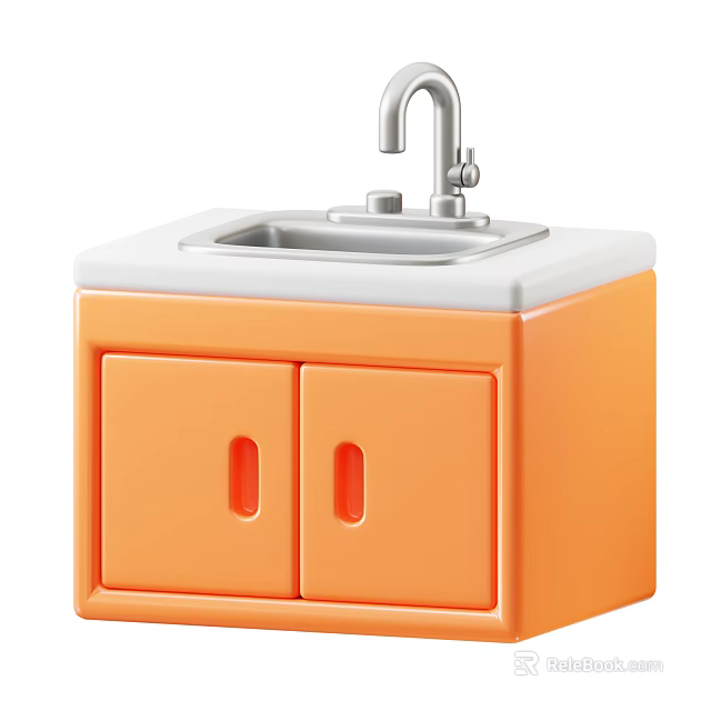Orange Mini Cabinet With Sink Double Doors White Countertop And Silver Faucet 3d model 