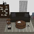 Modern Dark Three-Seater Sofa with Wooden Coffee Table Striped Rug Decorative Cushions and Wall Artwork